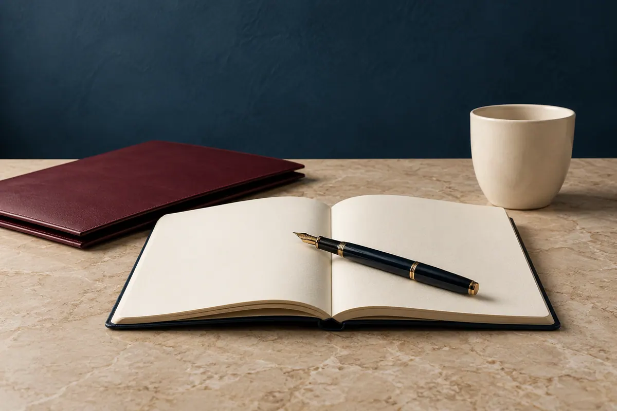 Caderno aberto, caneta e pasta borgonha preparados para uma conversa.