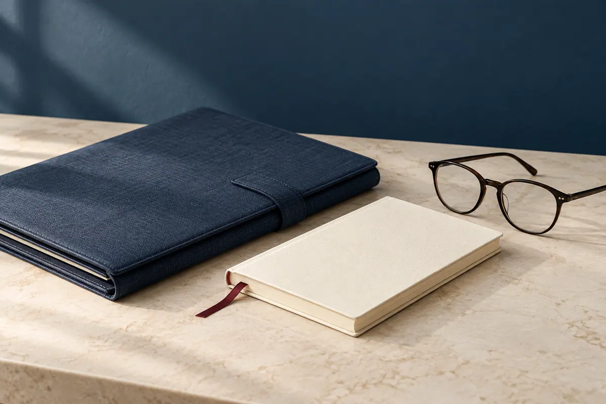 Pasta azul, caderno marfim e óculos sobre uma mesa clara.